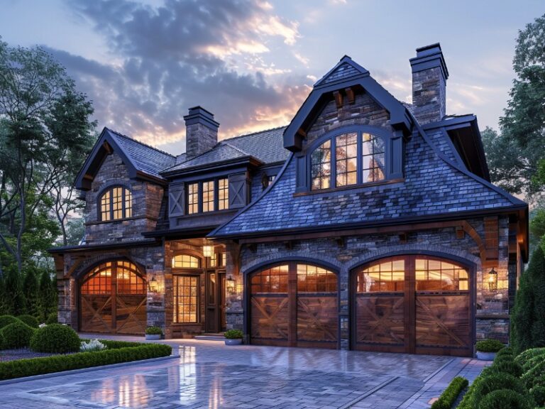 Elegant stone house with large wooden garage doors, evening lighting, and manicured landscaping.