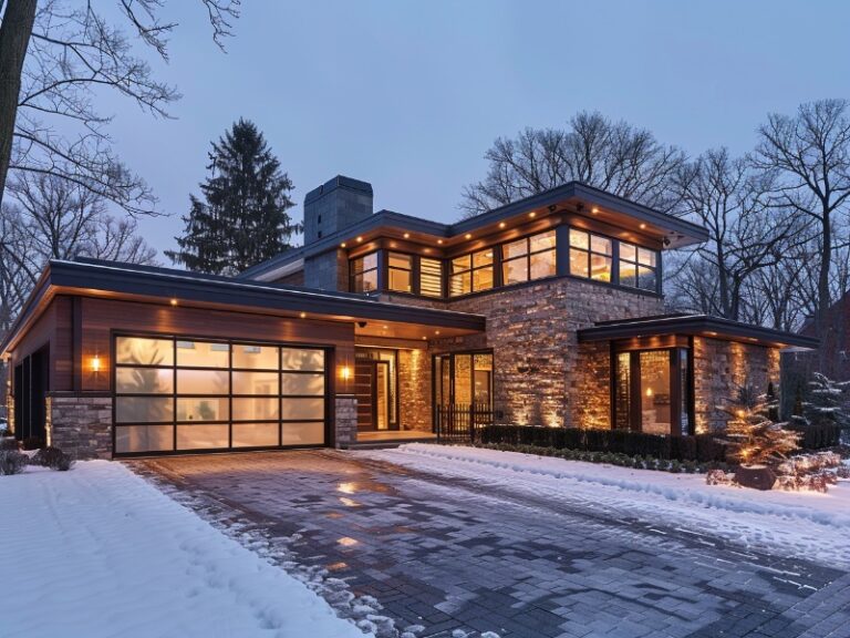 Contemporary house with glass-paneled garage doors, evening lighting, and snow-covered driveway.