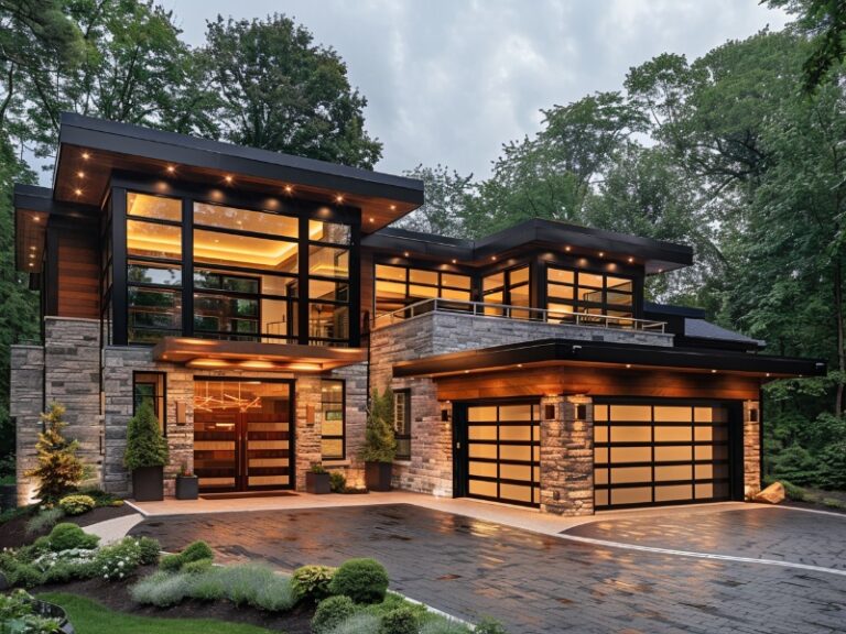 Modern two-story house with large windows, stone facade, and illuminated exterior, featuring a sleek double garage door and surrounded by lush greenery.