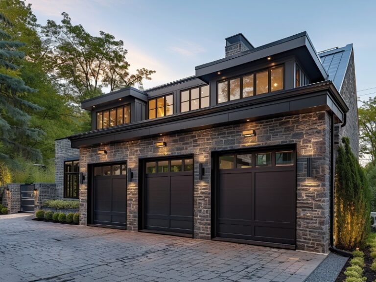 Alt text: "Modern two-story house with a stone exterior and three black garage doors, surrounded by trees and greenery."