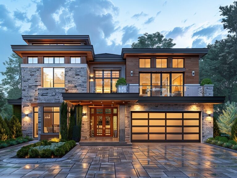 A luxurious two-story home with a mix of stone and wood accents, featuring a large glass-paneled garage door, illuminated warmly from within, and surrounded by a beautifully landscaped driveway in the evening light.