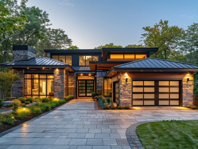 "Modern house with stone and wood accents, large windows, and a glass-paneled garage door, featuring a spacious driveway and well-maintained landscaping."