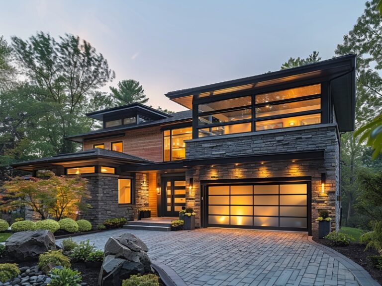 Modern two-story house with large glass windows and warm interior lighting, featuring a sleek garage door and surrounded by lush landscaping.
