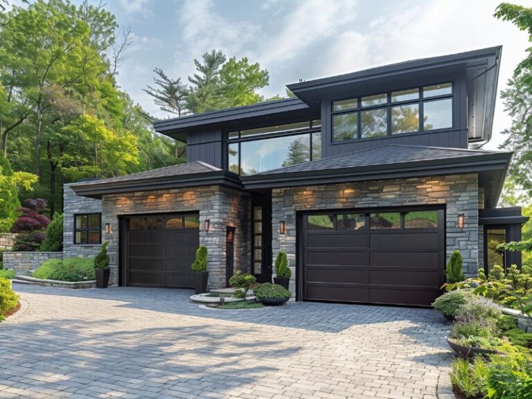 "Contemporary home with dark garage doors, stone accents, large windows, and a cobblestone driveway, surrounded by lush greenery."