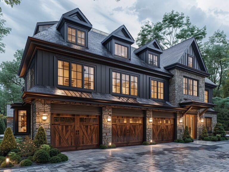 Elegant house with dark exterior, multiple gables, and wooden garage doors.