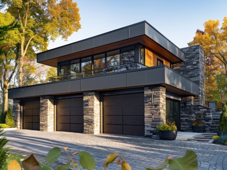 Wood garage door, noise-reducing for health and aesthetic benefits with enhanced curb appeal.