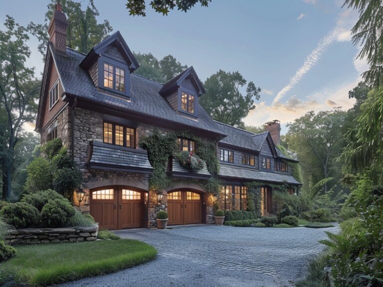 Elegant stone house with arched wooden garage doors in Wayne, PA, surrounded by lush landscaping.