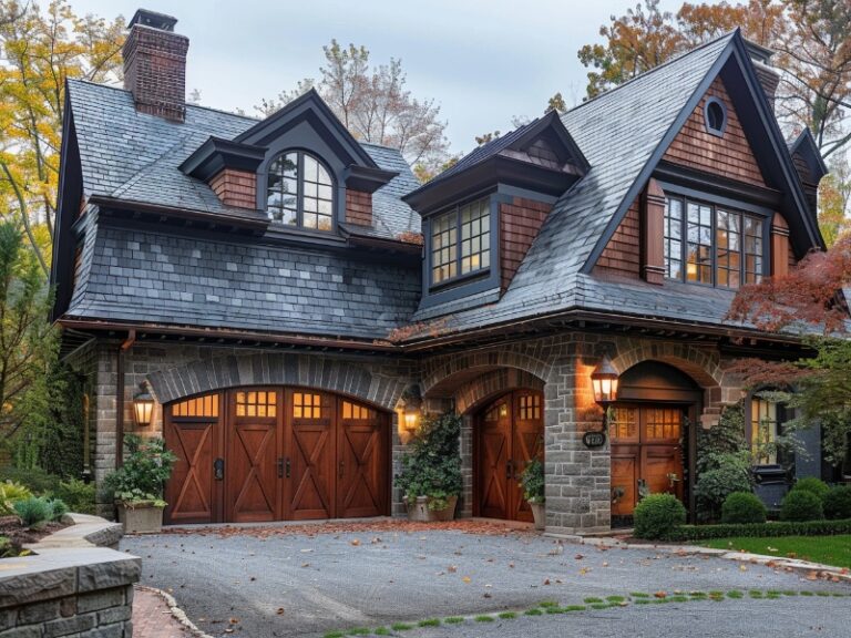 A standout Raynor garage door, classic wood, enhancing curb appeal.