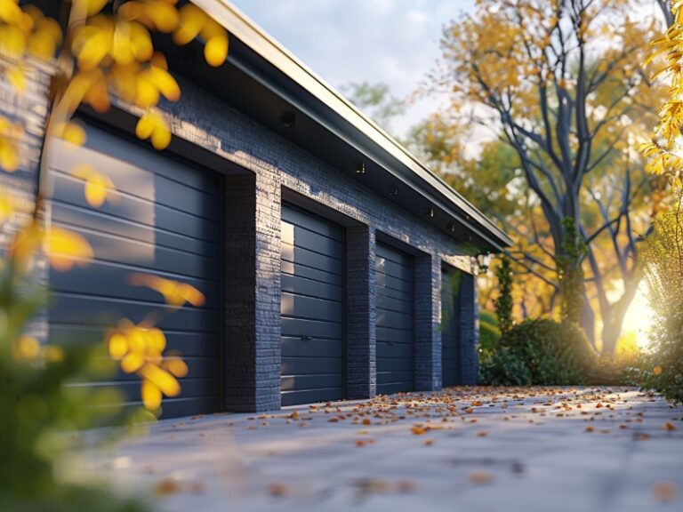 A row of modern dark garage doors on a sleek building, surrounded by autumn foliage with golden leaves and soft sunlight filtering through the trees.