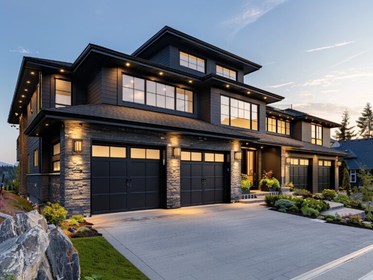 A modern two-story house with large windows and three black garage doors, beautifully illuminated in the evening.