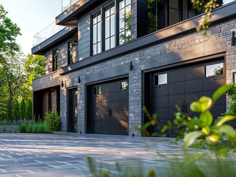 A contemporary home with a dark brick exterior, featuring sleek dark garage doors and large windows, surrounded by lush greenery and a spacious driveway in bright daylight.