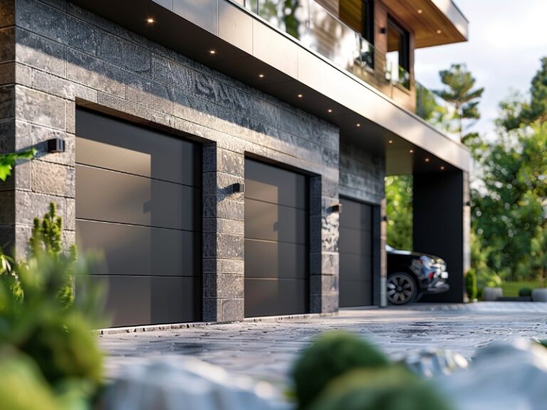 "Modern home exterior with three sleek, dark garage doors and lush greenery in the foreground."