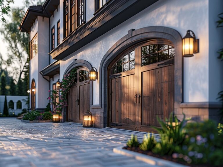 A sophisticated home with arched wooden garage doors, elegant exterior lighting, and a beautifully paved driveway, surrounded by lush greenery and illuminated by soft evening light.