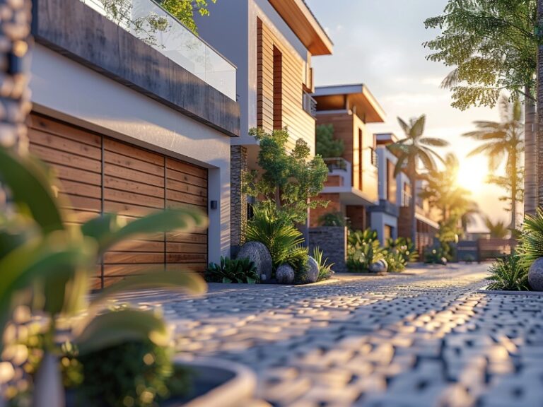 A picturesque residential street lined with modern homes featuring wooden garage doors, lush greenery, and palm trees, bathed in warm, golden sunlight.