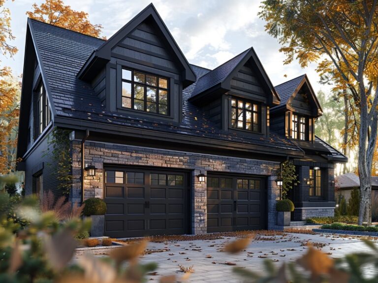 A charming two-story house with dark exterior, double garage doors, and a spacious driveway, surrounded by autumn foliage and well-maintained landscaping.