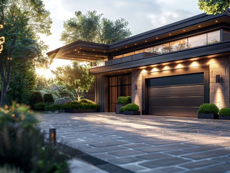 A sleek, modern single-story home with a dark exterior and large glass-paneled windows, featuring a stylish dark garage door, a spacious paved driveway, and surrounded by lush greenery, illuminated by soft evening light.