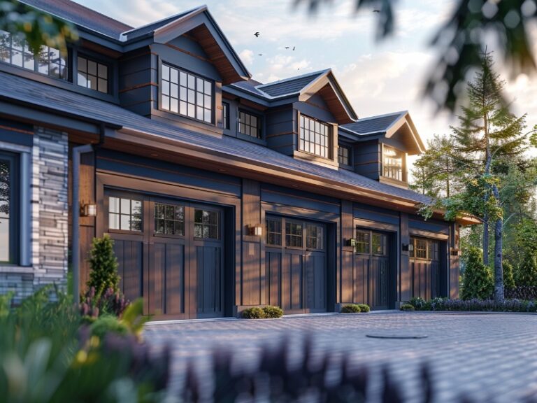 A row of stylish, modern garages with black doors, attached to a house with large windows and surrounded by lush greenery.