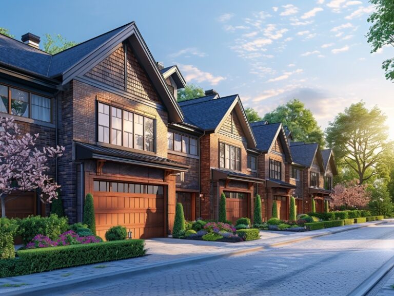 Row of modern townhouses with wooden garage doors, lush greenery, and a sunlit, tree-lined street.