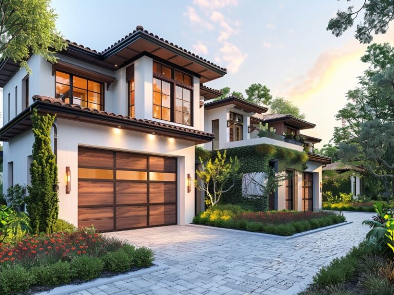 A beautiful two-story home with a Mediterranean-inspired design featuring wooden garage doors, surrounded by lush greenery and a paved driveway in soft evening light.