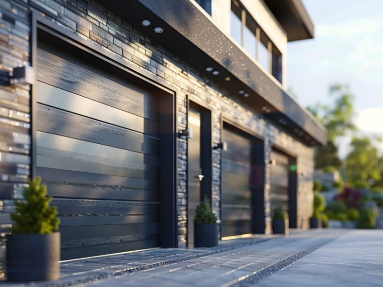 "Modern building with multiple sleek black garage doors, complemented by potted plants and a stone pathway."