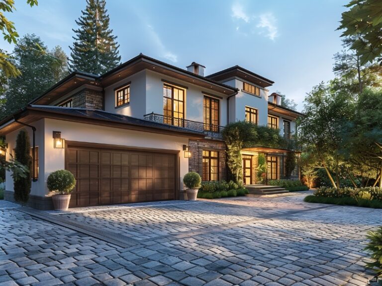 A grand two-story home with large windows and a sophisticated design, featuring a dark wooden garage door, a spacious paved driveway, and lush surrounding greenery in the soft evening light.