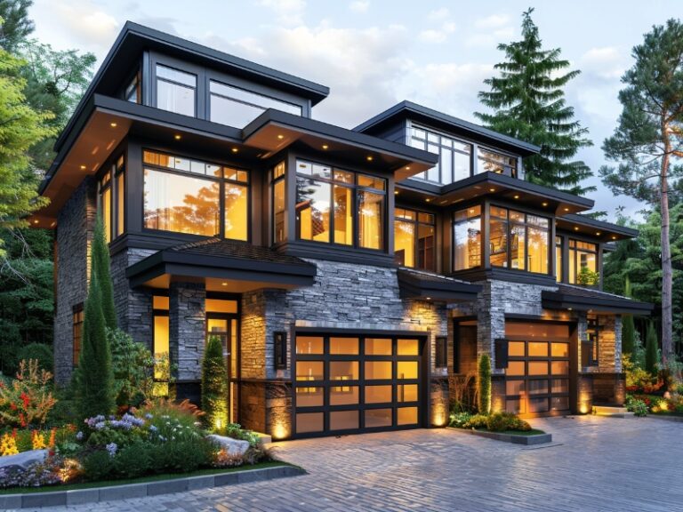 Modern three-story townhouse with large windows and warm interior lighting, featuring multiple sleek garage doors and surrounded by lush greenery and colorful landscaping.