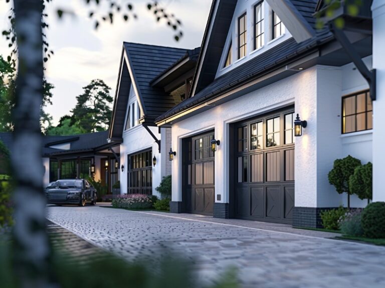 A serene residential street with charming homes featuring dark garage doors, gabled roofs, and a well-maintained cobblestone driveway, surrounded by lush greenery and soft evening light.