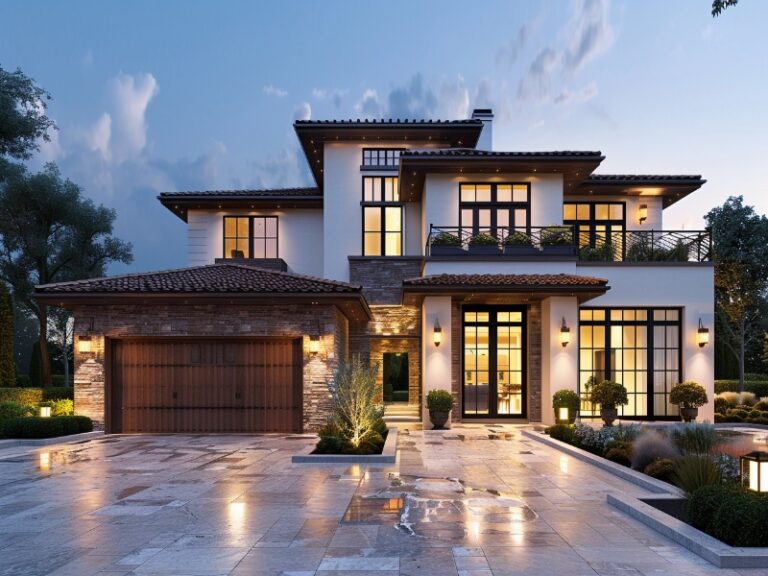 Elegant two-story house with large windows, a tiled roof, and a spacious driveway, featuring a wooden double garage door and well-manicured landscaping.