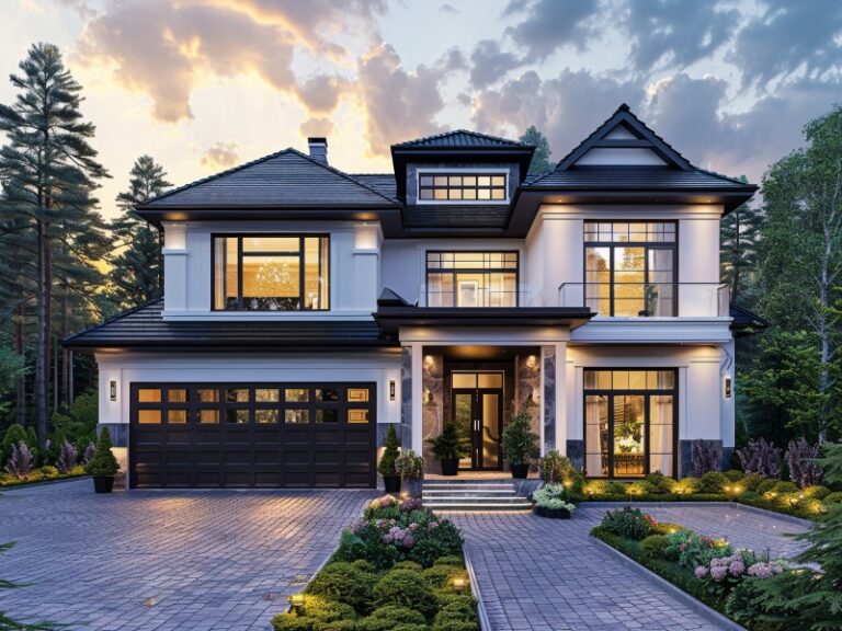 "Elegant two-story house with large windows, a dark wooden garage door, and a beautifully landscaped front yard."