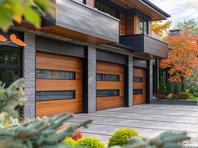 A modern home featuring three wooden garage doors with horizontal glass panels, stone siding, and a spacious driveway, accented by vibrant autumn foliage and well-groomed shrubs.