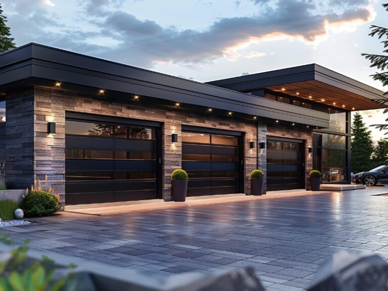 A modern single-story home with a sleek, contemporary design featuring dark glass-paneled garage doors and a spacious, well-lit driveway in the evening light.