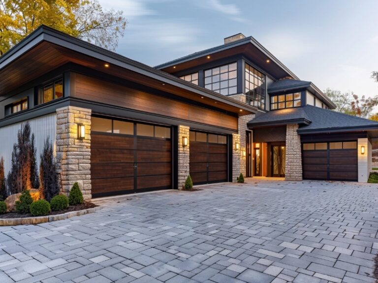 Traditional wood Raynor garage door with a newly repaired glass window.