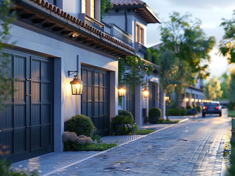 A well-lit residential street with modern homes featuring stylish dark garage doors and lush greenery.