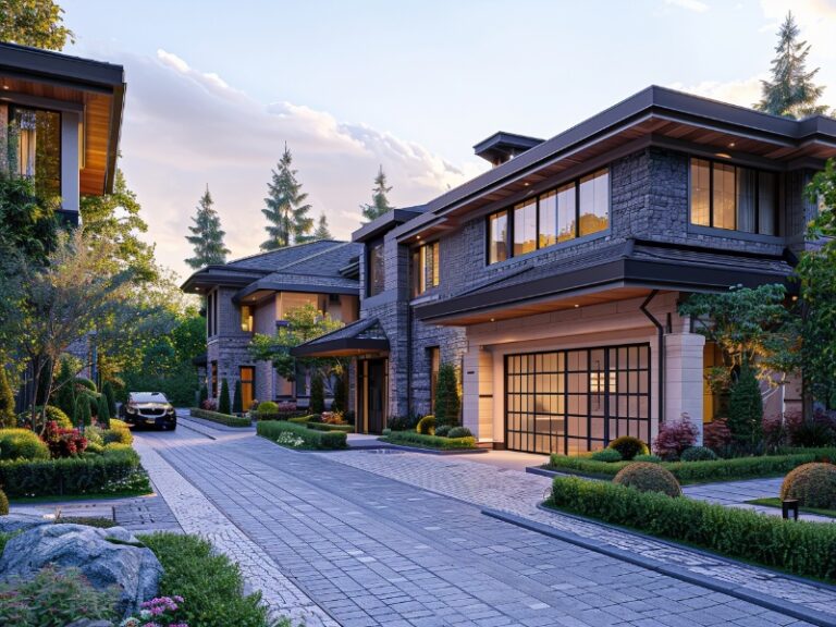 Charming modern house with large windows and warm interior lighting, featuring a stylish garage door and a paved driveway, surrounded by lush greenery and neighboring homes.