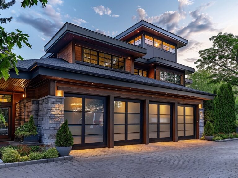 Elegant all glass garage door enhancing home exterior.