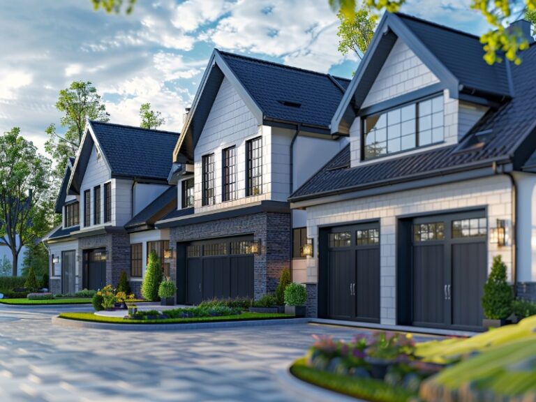 A row of modern suburban homes with dark garage doors, large windows, and neatly landscaped lawns, basking in bright, natural daylight.