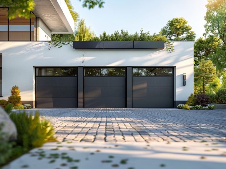 A Raynor residential garage door beautifully integrating with a modern home exterior.