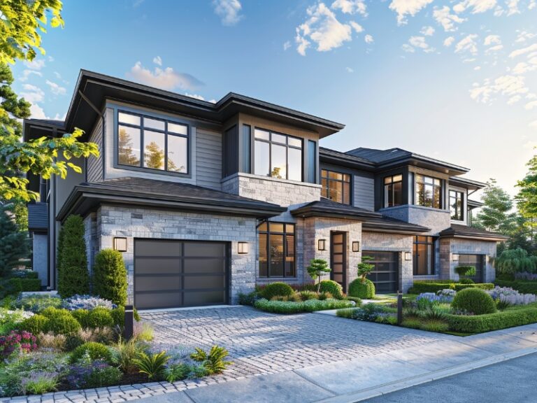 A modern house with large windows, stone and wood facade, and a sleek garage door.