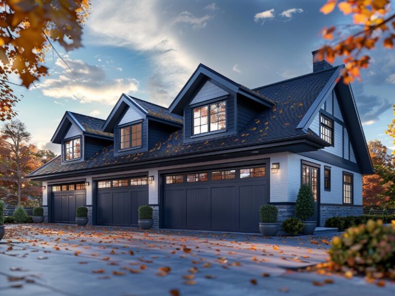 A picturesque home with a series of gabled roofs, featuring dark garage doors and a wide driveway, surrounded by autumn leaves and soft evening light.