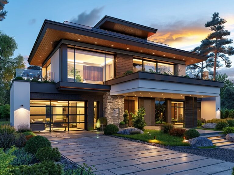 A modern two-story house with large glass windows, a sleek garage door, and a landscaped front yard, illuminated by warm exterior lighting at sunset.