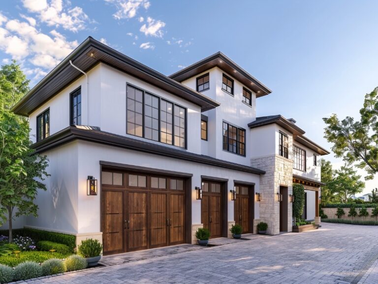 A beautiful two-story home with a white exterior and elegant wooden garage doors, featuring large windows and a spacious, paved driveway, surrounded by lush greenery in bright, natural daylight.