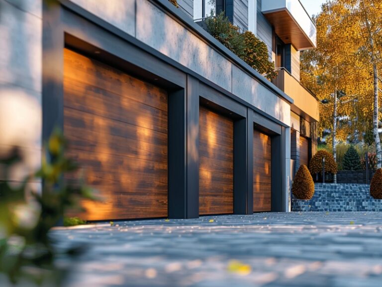 "Contemporary house with multiple wooden garage doors, set against a backdrop of autumn trees and a cobblestone driveway."