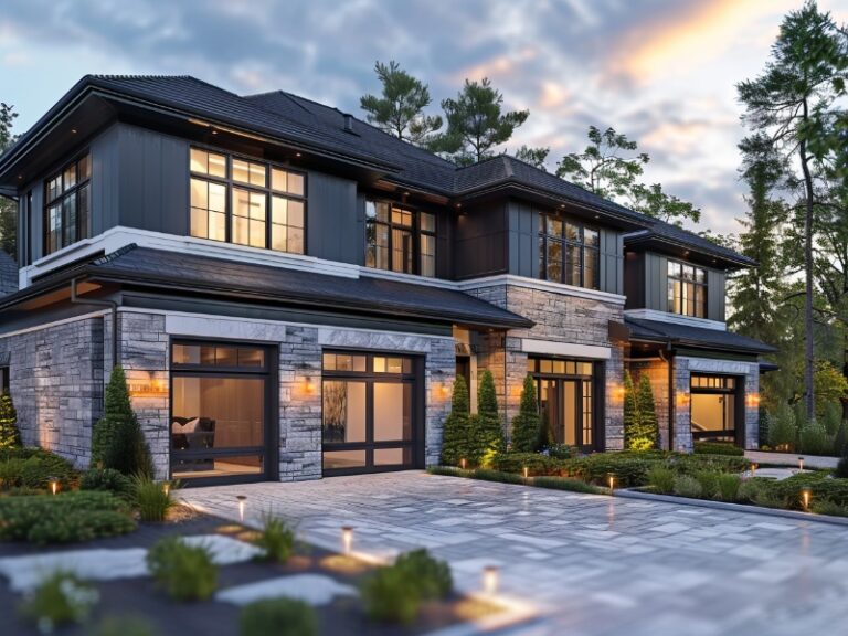 A contemporary two-story house with stone and dark siding exterior, large windows, glass-paneled garage doors, and a spacious driveway, illuminated by warm exterior lights and surrounded by neatly landscaped gardens.
