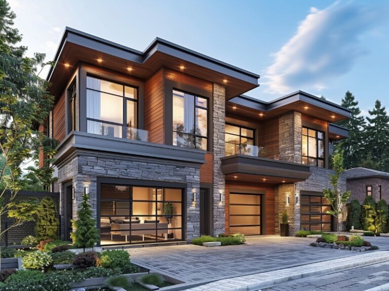 Contemporary two-story house with a mix of wood and stone exterior, large windows, and two glass-panel garage doors, featuring a well-maintained driveway and landscaped garden.