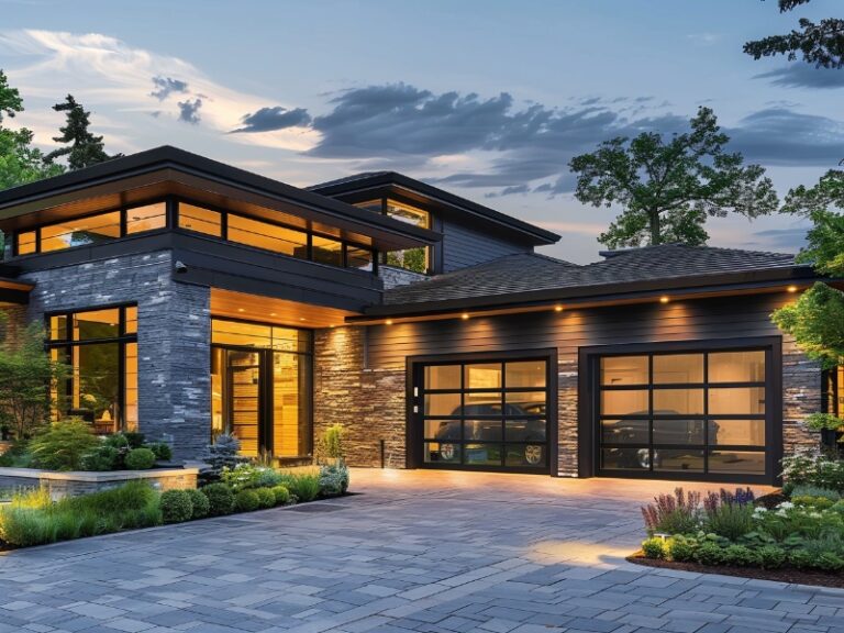 "Modern home with large glass garage doors and extensive windows, featuring a spacious driveway and surrounding greenery."