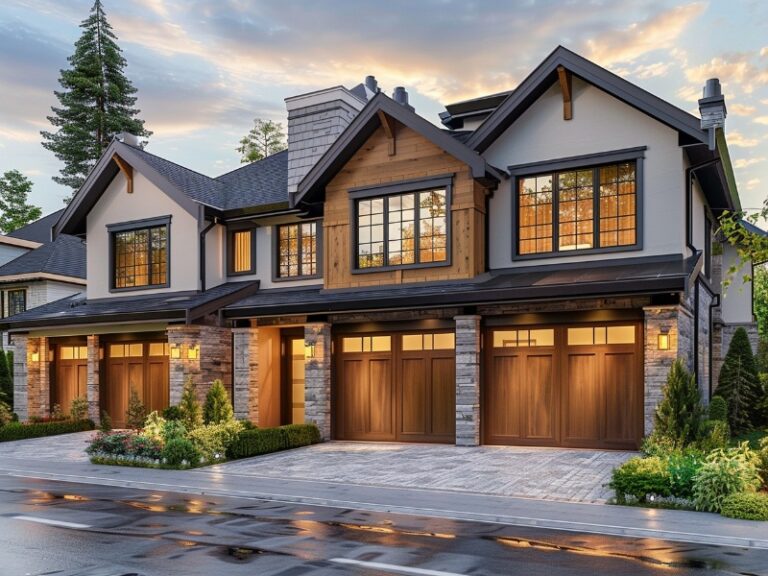 A charming two-story home with a combination of stone and wood accents, featuring warm wooden garage doors, large windows, and a beautifully paved driveway, illuminated by soft evening light.