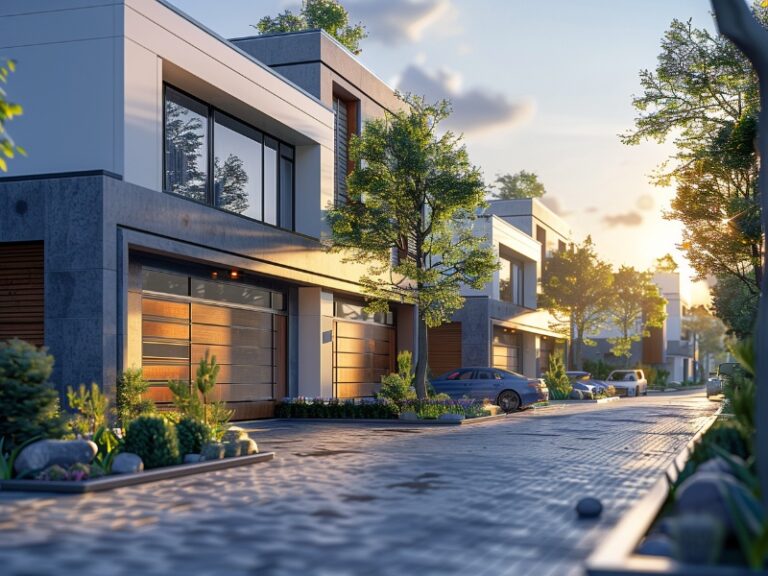 "Contemporary residential street with modern homes featuring wooden and glass garage doors, lush greenery, and a cobblestone road."