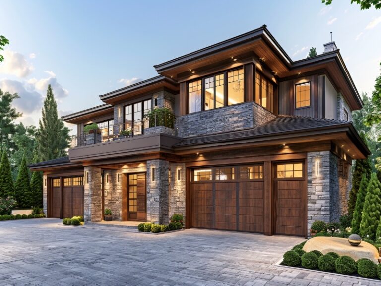 "Elegant two-story house with stone accents and wooden garage doors, beautifully landscaped."