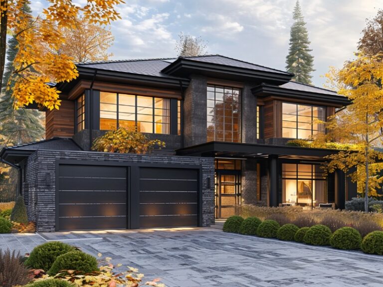 "Elegant two-story home with dark stone accents, large windows, black garage doors, and a landscaped stone driveway, set against a backdrop of autumn foliage."