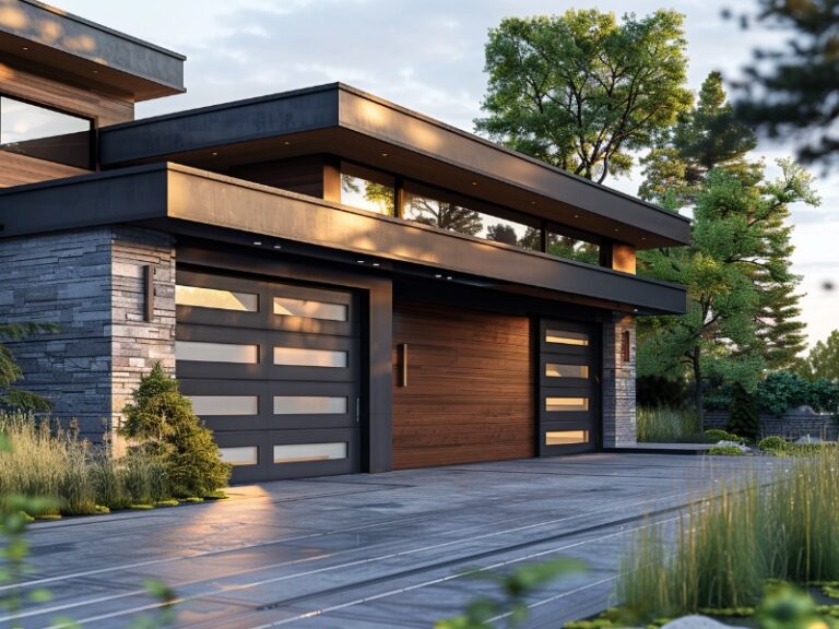 A modern home with sleek, glass-panel garage doors and a wooden accent door.